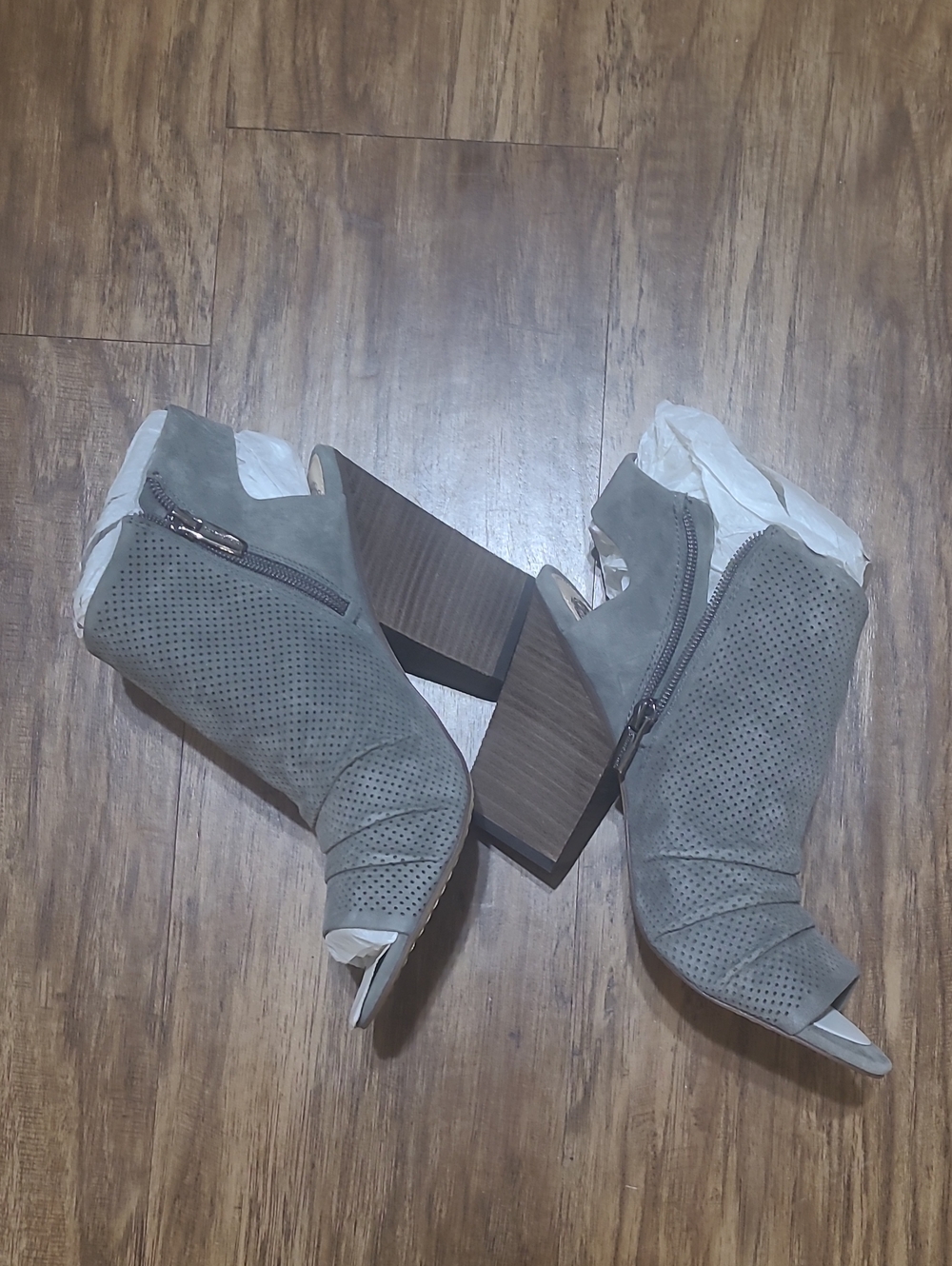 Vince Camuto Gray Perforated Open-Toe Suede Block Heel Booties